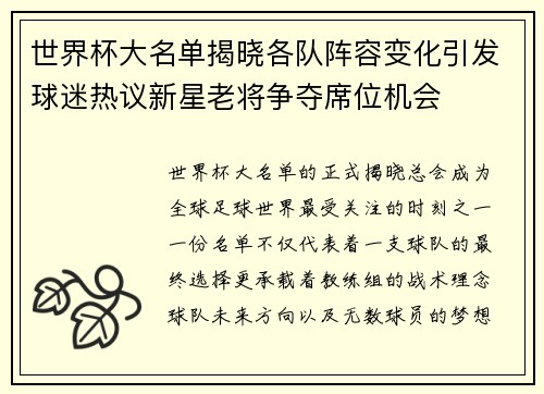 世界杯大名单揭晓各队阵容变化引发球迷热议新星老将争夺席位机会